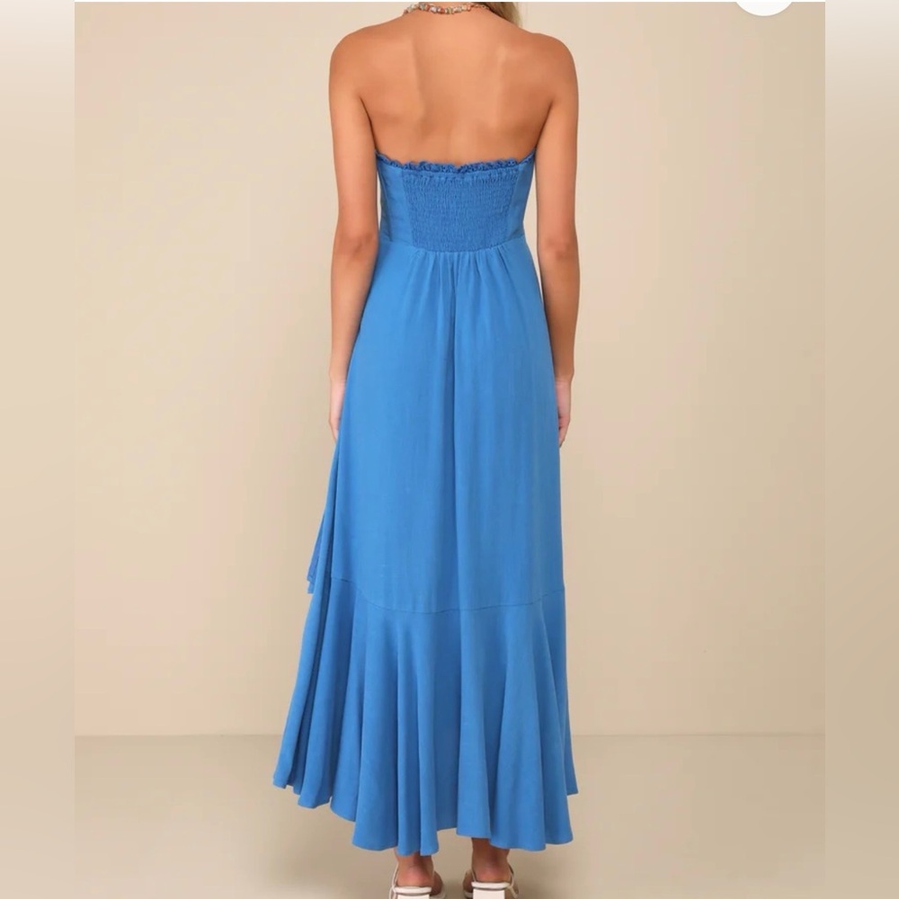 Lulu's Strapless Royal Blue Ruffle Midi Dress - Picture 4 of 9